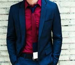 blue suit with maroon shirt.